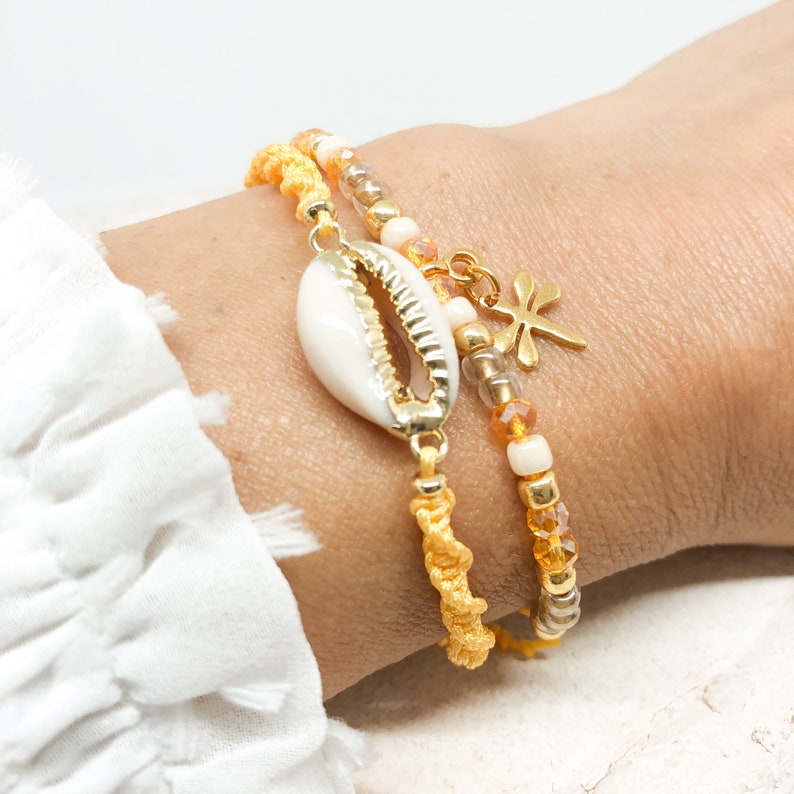 Two bracelets, shell bracelet, bracelet set, braided bracelets, bracelet with cauri shell and tassel, bracelet with dragonfly image 1