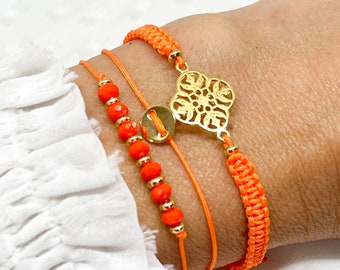 Three bracelets orange - gold, bracelet set "Summer", braided bracelets, bracelet with plates