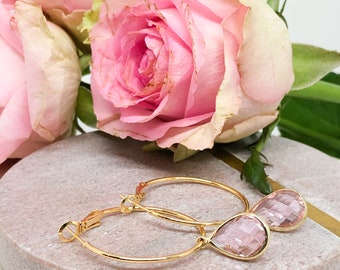 Gold plated brass hoop earrings, creoles with pink glass pendant, bridal jewelry, statment earrings, hanging earrings