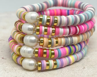 Armband mit Heishi Perlen, Elastisches Armband, Surfer Armband pastell - bunt, Heishi Schmuck