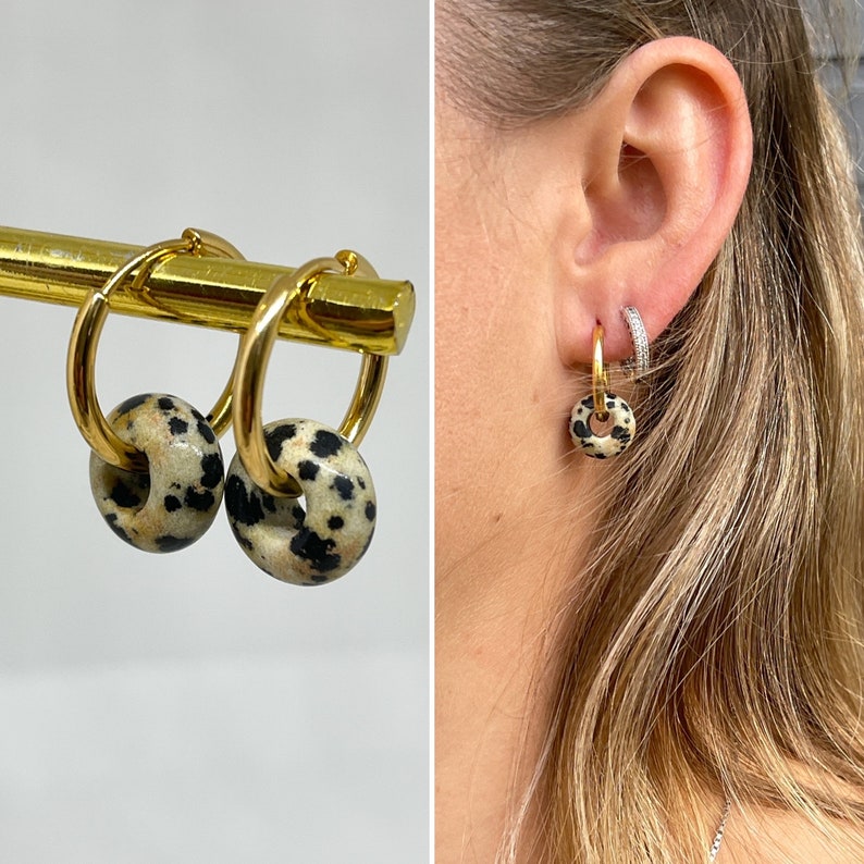 Donut gemstone hoop earrings, ion coated 18K gold plated hoop earrings 18 mm with natural stone, huggie earrings with gemstone donuts Dalmatiener Jaspis