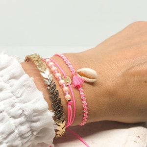 Drei Armbänder Neon Rosa-Gold-Beige, Armband Set Rosa, Geflochtene Armbänder, Armband mit Plättchen imagem 6