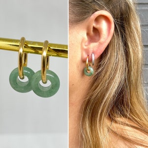 Donut gemstone hoop earrings, ion coated 18K gold plated hoop earrings 18 mm with natural stone, huggie earrings with gemstone donuts Aventurine
