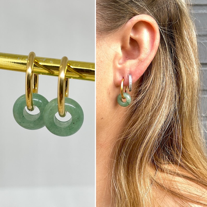 Donut gemstone hoop earrings, ion coated 18K gold plated hoop earrings 18 mm with natural stone, huggie earrings with gemstone donuts Aventurine