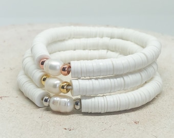 Bracelet with Heishi Beads, Elastic Bracelet, Surfer Bracelet White, Heishi Jewelry