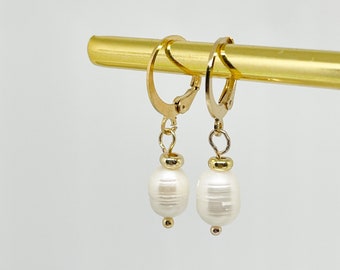 Freshwater pearl hoop earrings, pearl drop earrings