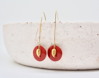 Hanging earrings with enamel platelets, filigree hanging earrings, red enamel earrings, platelet earrings