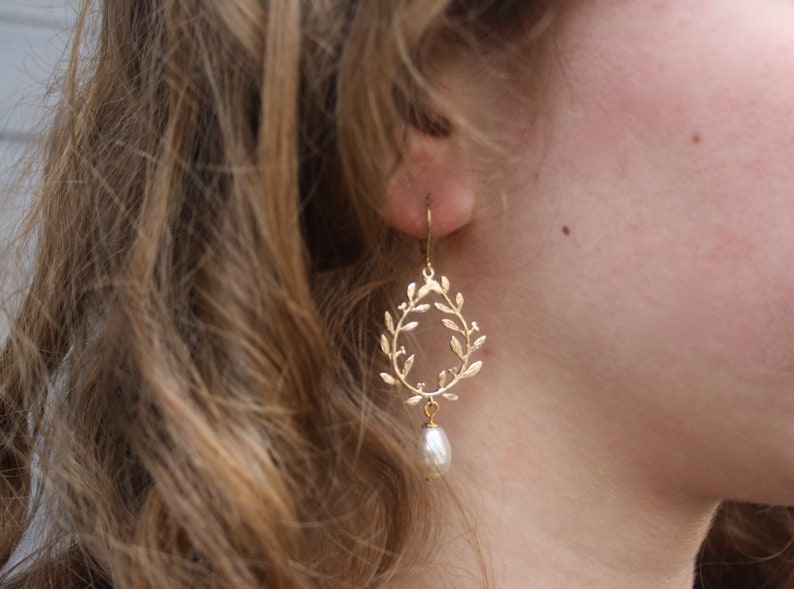 Earrings with Bay Leaf, Crystal Drops Earrings, Gold Plated Earrings, Chandeliers, Wedding, Bridal Earrings image 3