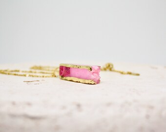 Pink Druzy Bar Agate Long Necklace Pink Rough Stone Agate Necklace, Long Chain with Agate Bar Pendant