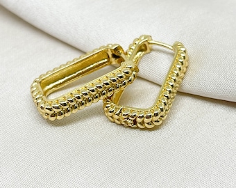 Hoop Earrings Rectangle Earrings, 18K Gold Plated Brass Hoop Earrings, Geometric Earrings