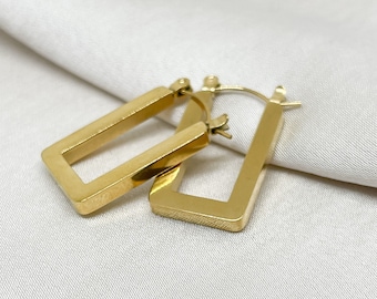 Hoop Rectangle Earrings, 18K Gold Plated Stainless Steel Hoop Earrings, Geometric Earrings