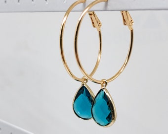 Gold plated brass hoop earrings, creoles with glass pendant blue, bridal jewelry, statment earrings, hanging earrings