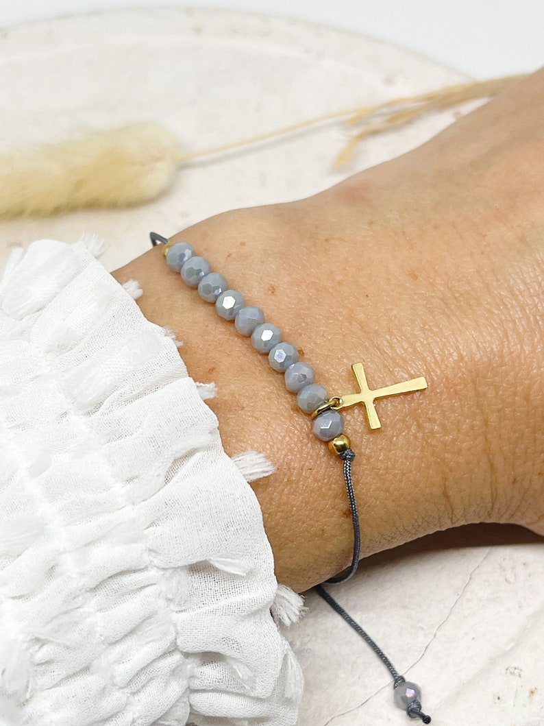 Bracelet with crystal beads and a cross pendant, Filigree bracelets, Delicate macramé bracelet, Bracelet with stainless steel pendant image 1