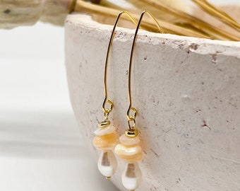 Hanging earrings with freshwater pearl, filigree hanging earrings, orange earrings, trendy earrings, stainless steel jewelry