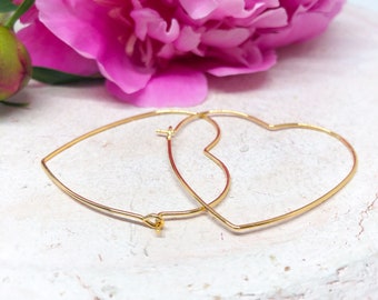 Heart Hoop Earrings, Brass Gold Plated Hoop Earrings, Heart Earrings, Bridal Jewelry, Statment Earrings, XL Hoop Earrings