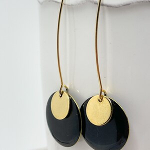 Drop earrings with enamel discs, filigree drop earrings, black enamel earrings, disc earrings image 2