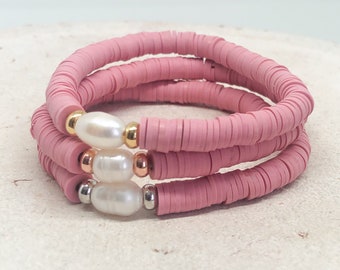 Bracelet with Heishi Beads, Elastic Bracelet, Surfer Bracelet Dusty Pink, Heishi Jewelry