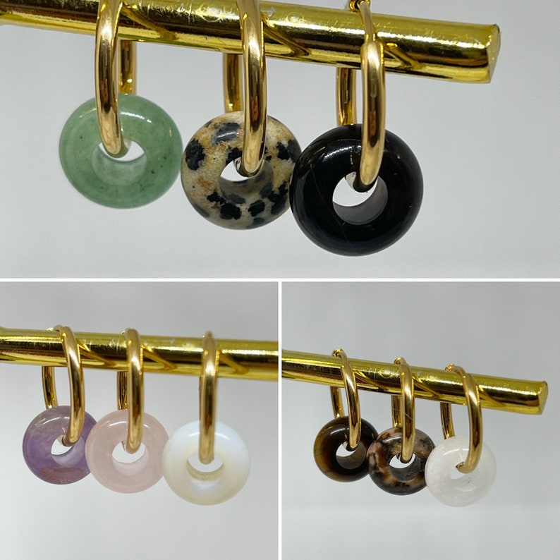 Donut gemstone hoop earrings, ion coated 18K gold plated hoop earrings 18 mm with natural stone, huggie earrings with gemstone donuts image 1