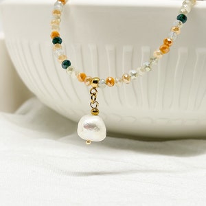 Necklace with crystal beads and a pearl pendant, short necklace with freshwater pearl pendant image 2