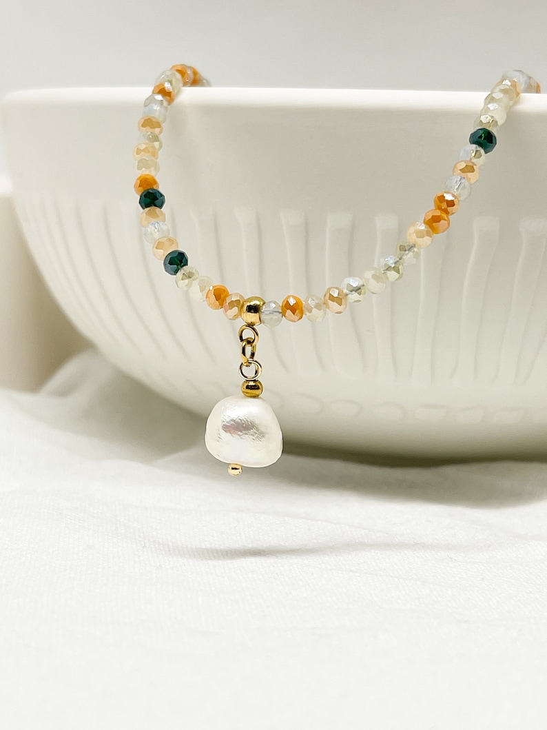 Necklace with crystal beads and a pearl pendant, short necklace with freshwater pearl pendant image 2