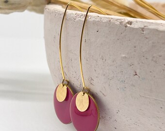 Drop earrings with enamel plates, filigree drop earrings, dusky pink enamel earrings, plate earrings