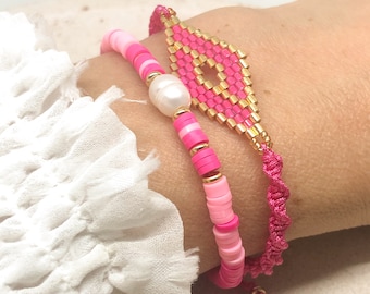 Bracelet set with Heishi beads, Elastic bracelet, Pink bracelet set with Katsuki beads and a woven bracelet