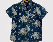 Vintage 90s Denim Shirt Floral Print Blouse Lizwear Jeans Top Medium M