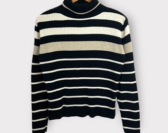 Vintage 90s Black and White Striped Sweater / Variegated Stripe Rib Turtleneck / Medium M