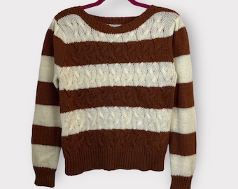 Vintage 70s Striped Cable Sweater / Brown and White Boatneck Pullover / Small S