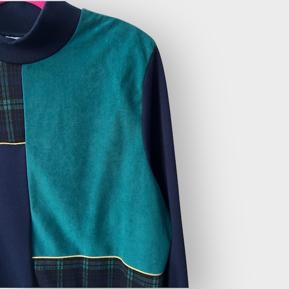 Vintage Mockneck Pullover, 1980s Plaid Patchwork … - image 5