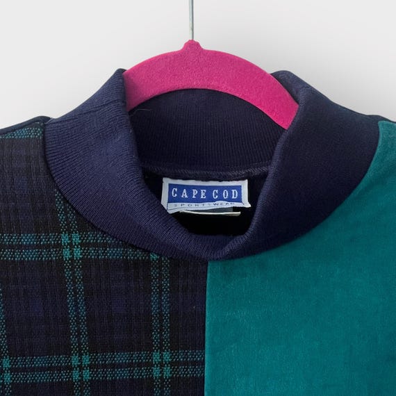 Vintage Mockneck Pullover, 1980s Plaid Patchwork … - image 3