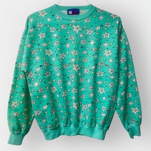 Vintage 90s Star Print Sweatshirt / Mint Green Pullover / Small S