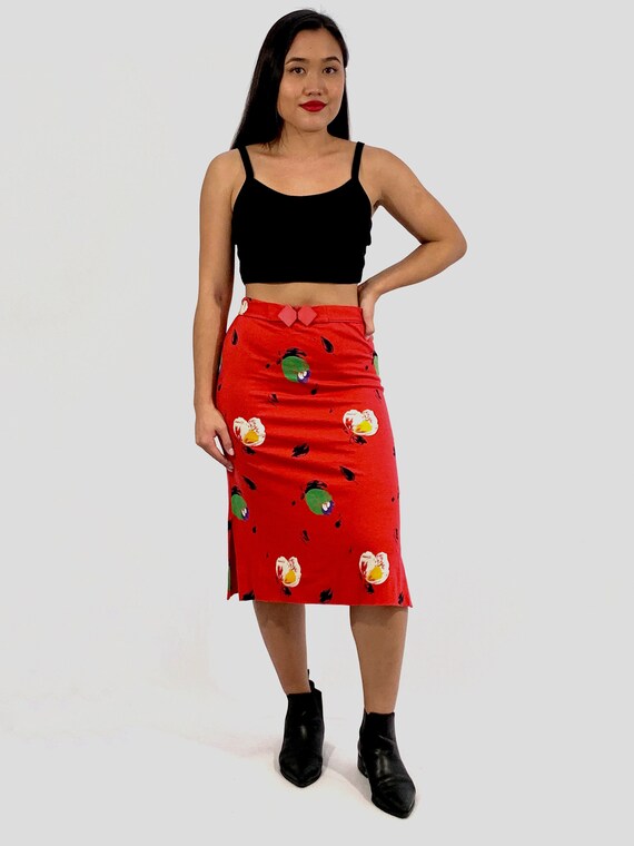 Vintage 80s Floral Knit Skirt / Red Pencil Skirt … - image 2
