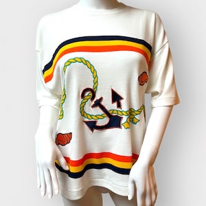 Vintage 1990s Anchor and Seashell Graphic T-shirt WITH TAGS / Striped Maritime Tee / Medium