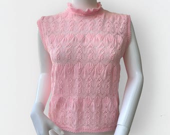 1960s Vintage Ruffle Neck Crop Top Pink Summer / Medium