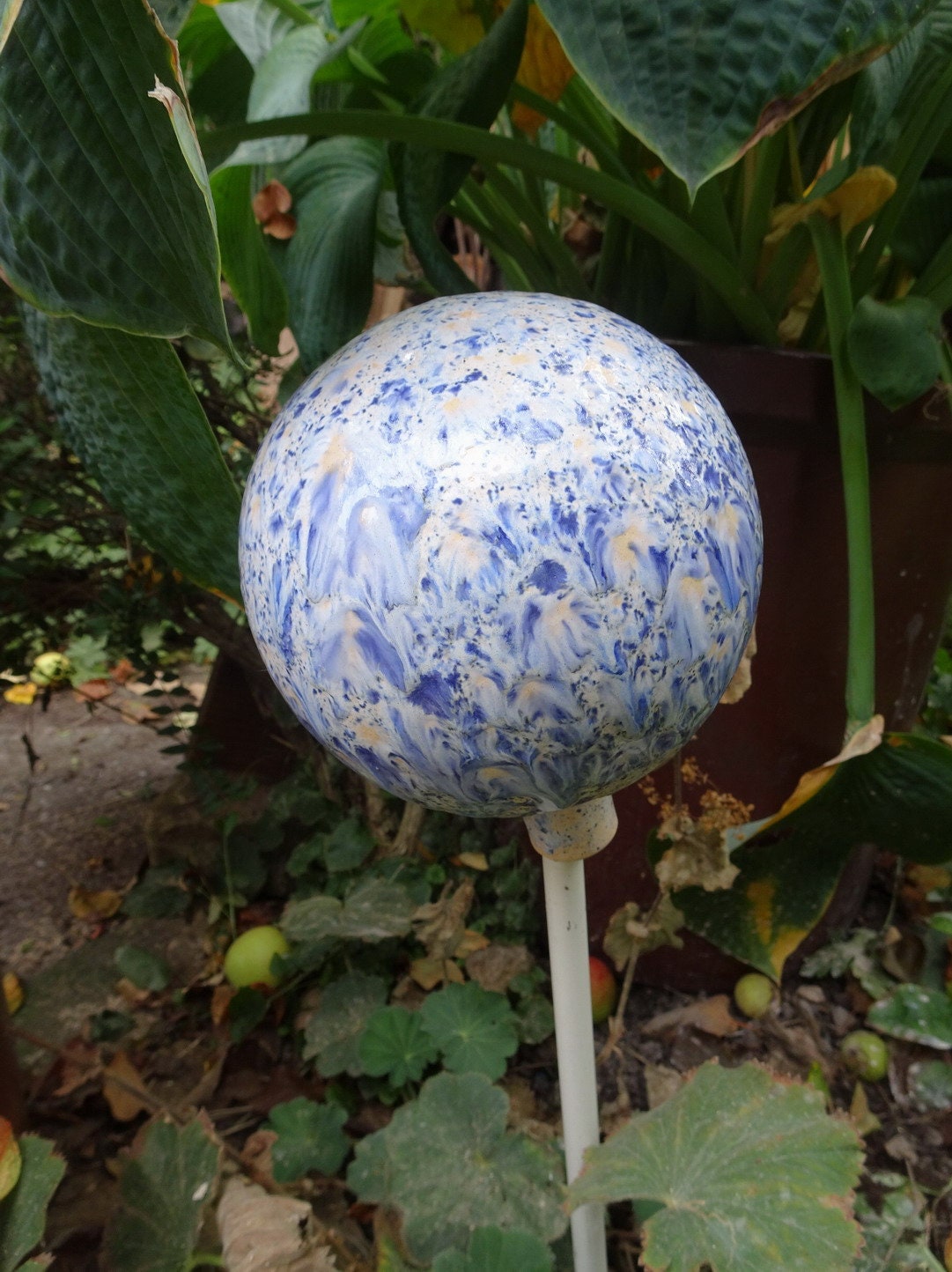 Ceramic garden ball blue and white glazed Etsy