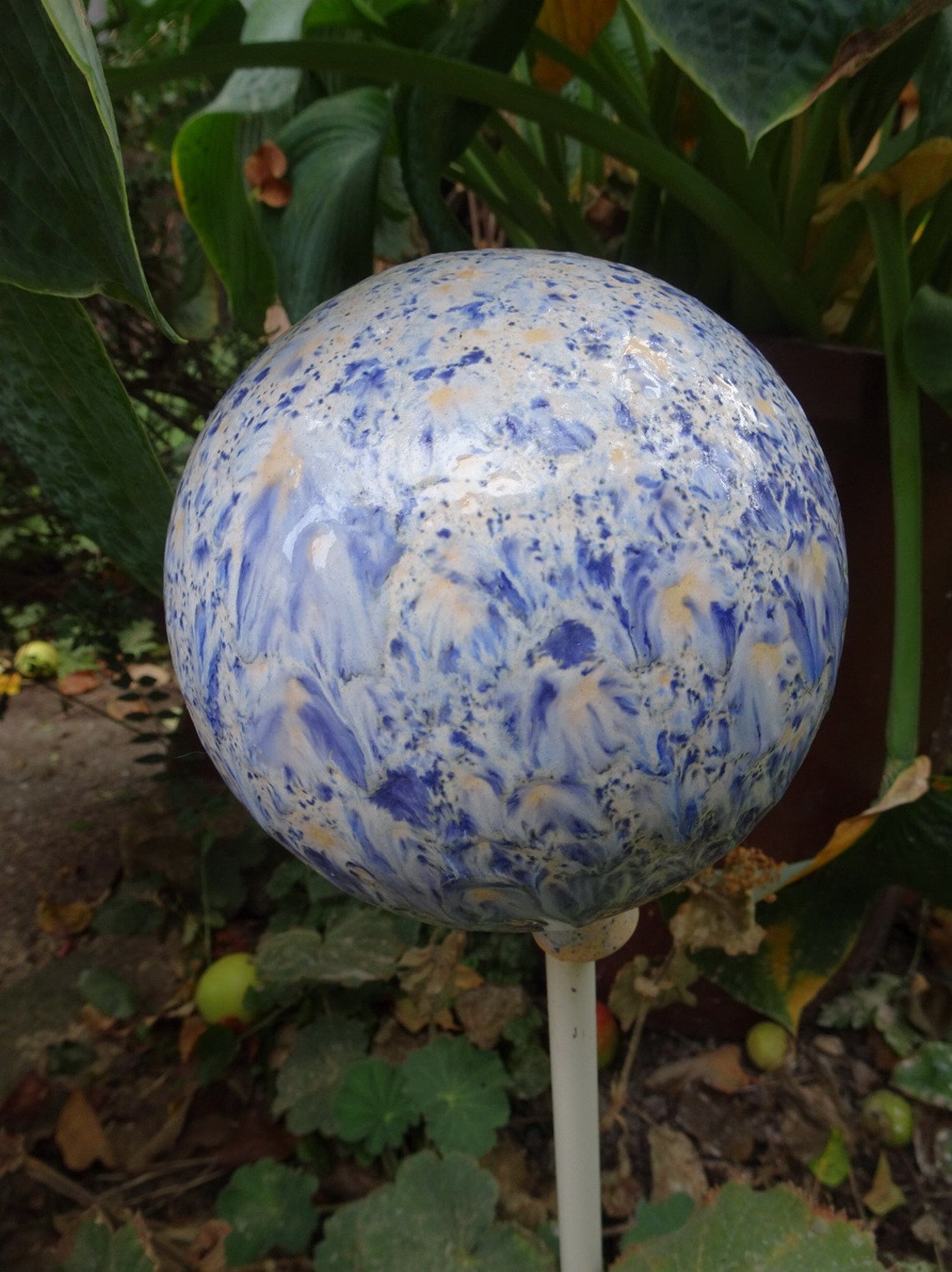 Ceramic garden ball blue and white glazed Etsy