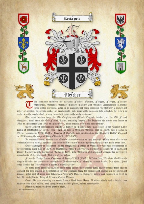 Family Name Surname Coat of Arms and History on Parchment Personalised Gift A4 
