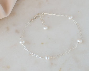 Sterling Silver Pearl Bracelet aesthetic layering bracelet 925 silver mom gift mother day gift for her tiny elegant bride bracelet birthday