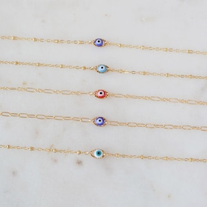 Dainty Evil Eye Bracelet 14k Gold Filled Protection Bracelet Gold Chains Bracelets Waterproof Handmade Jewelry Gift for Her Mal de Ojo