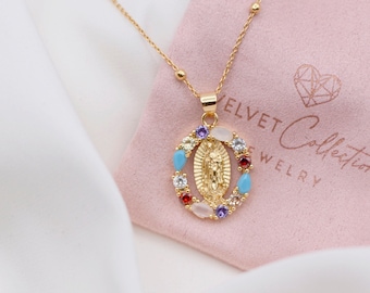 Our Lady of Guadalupe Necklace and Colorful Zirconia Mom Gift Grandma Gift Religious Virgin Mary Gold Virgen de Guadalupe Catholic jewelry