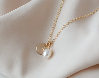 Pearl Initial Necklace 14k Gold Filled Alphabet Gold Disc Necklace Letter Necklace Dainty Initial Necklace Elegant Birthday Gift for Her