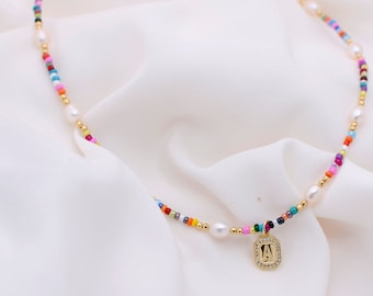 Initial Necklace Gold Filled Choker Letter Pearl Necklace Beachy Choker Colorful Rainbow Seed Beaded Choker Waterproof Choker Summer Jewelry