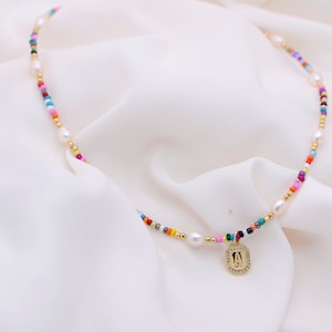 Initial Necklace Gold Filled Choker Letter Pearl Necklace Beachy Choker Colorful Rainbow Seed Beaded Choker Waterproof Choker Summer Jewelry