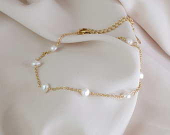 18K Gold Satellite Pearl Anklet Dainty Pearl Anklet Gold Anklet Summer Jewelry Waterproof Beachy Pearl Anklet