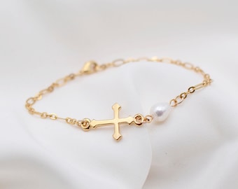 Gold Cross Bracelet Waterproof Chain Bracelet Pearl Jewelry Mom Gift Grandma Birthday Gift Religious Pearl Gold Christian