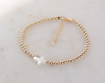 Cross Bracelet Gold Filled Bracelet 14k no tarnish beaded bracelet waterproof stackable birthday gift for her women bracelet religious