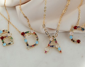Necklace Rainbow Initial Necklace alphabet colorful zirconia letter pendant, initial pendant gold plated birthday gift necklace