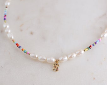 Initial Choker Necklace Waterproof Initial Colorful Minimalist Letter Pearl Choker Rainbow Beaded Personalized Choker Summer Spring Beachy