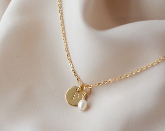 Pearl Initial Necklace Tiny Disc Letter Alphabet Dainty Pearl Gold Necklace Initial Birthday Gift Delicate Elegant Bridesmaid Gift for Her